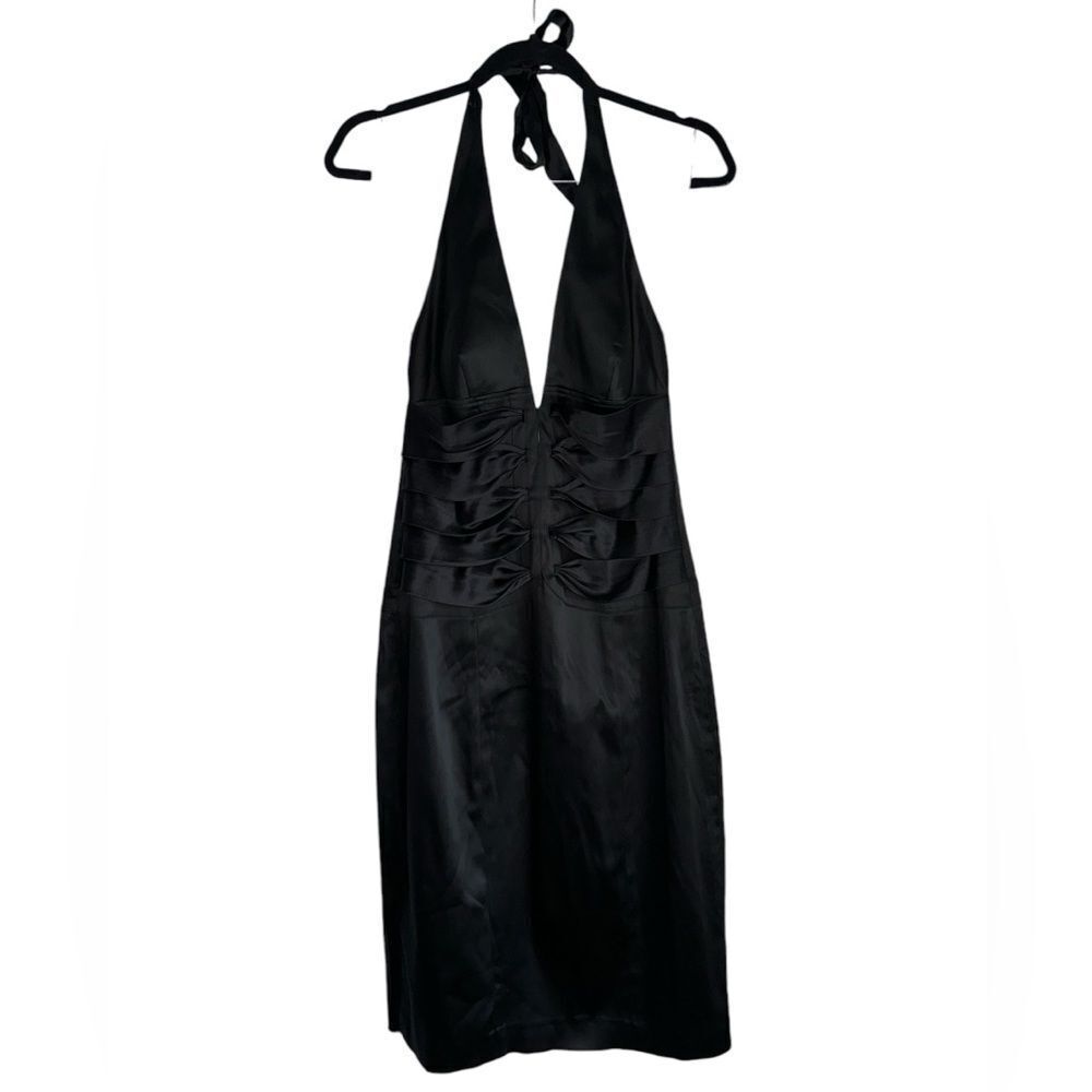 Caché Silk Black Corset Halter Dress‎ vintage Y2K 100% silk size 8 v-neck